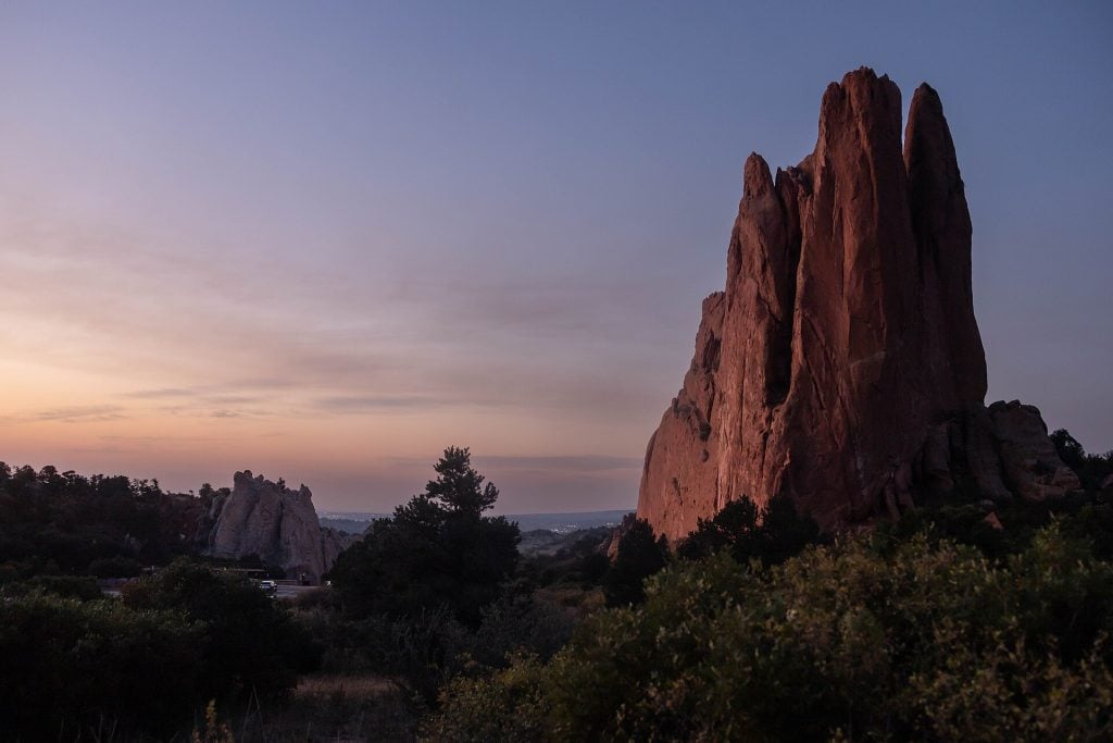 Sandstone formations at Garden of the Gods in Colorado Springs at sunrise