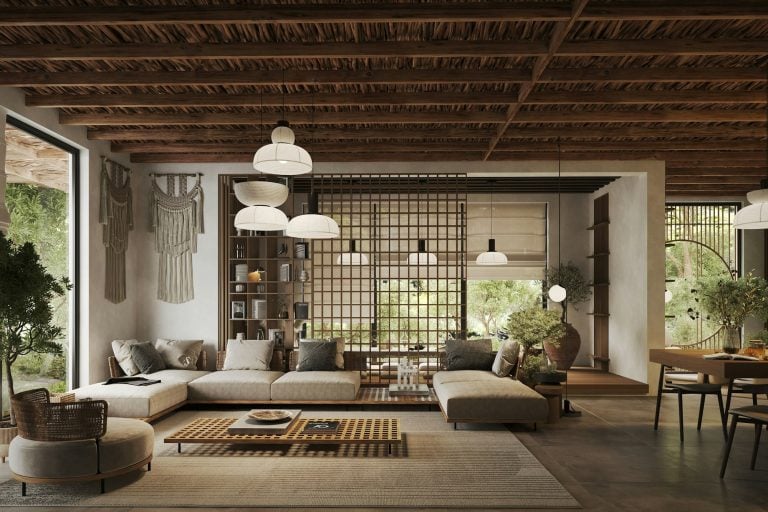 Spacious family living room with rustic decor
