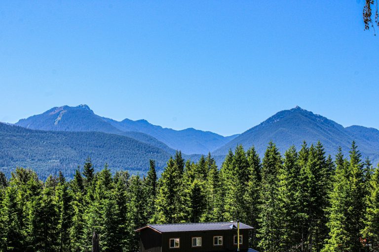 Cabin in the woods with mountains behind