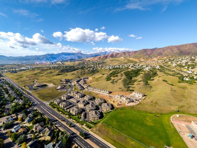 Aerial view of a Front Range neighborhood below the foothills