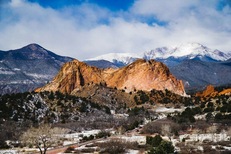 Garden of the Gods red rocks with Pikes Peak, Colorado Springs